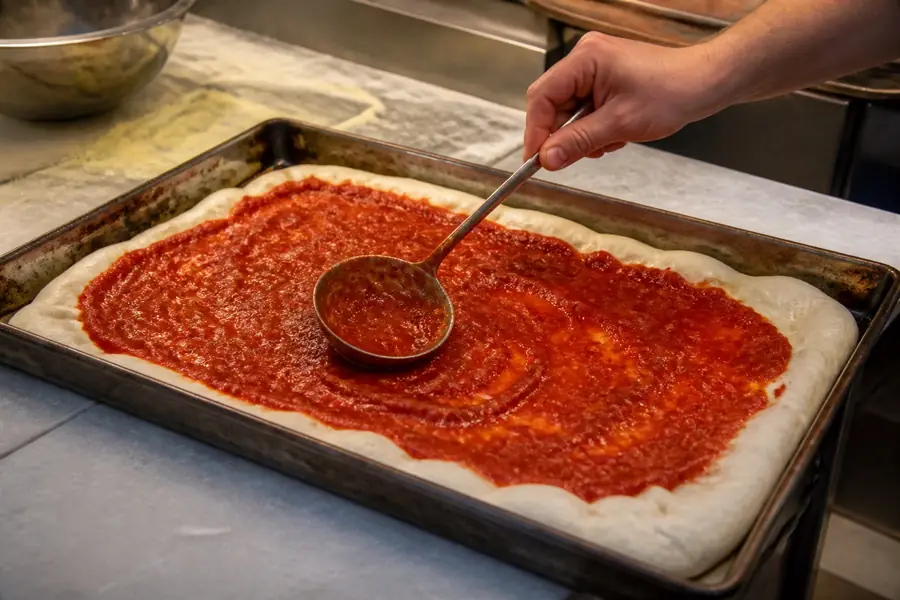 Sweet tomato sauce being spread on pizza dough